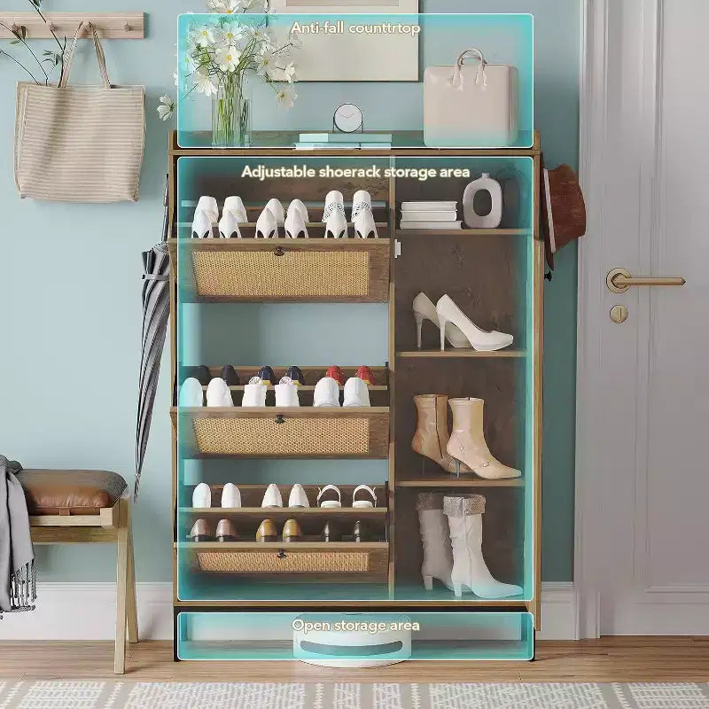 Zstar Shoe cabinet with 3 drawers with flaps in natural rattan, brown