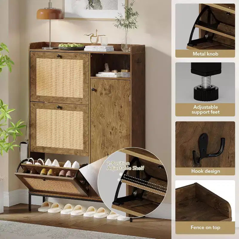 Zstar Shoe cabinet with 3 drawers with flaps in natural rattan, brown