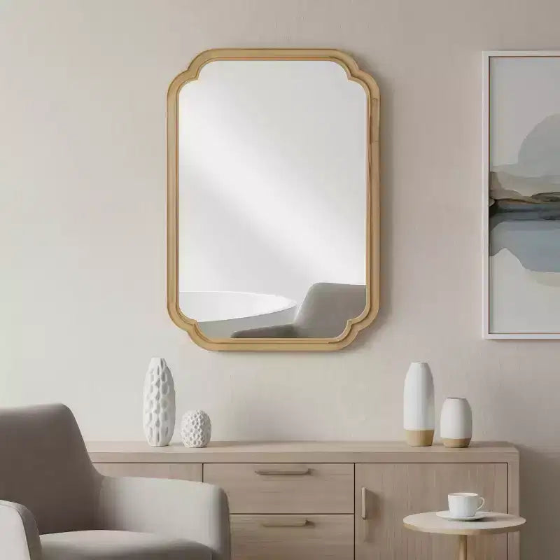 MAYEERTY 20 x 30 Solid Wood Frame Rounded Corner Decorative Mirror for Bedroom Bathroom Living Room Natural Wood