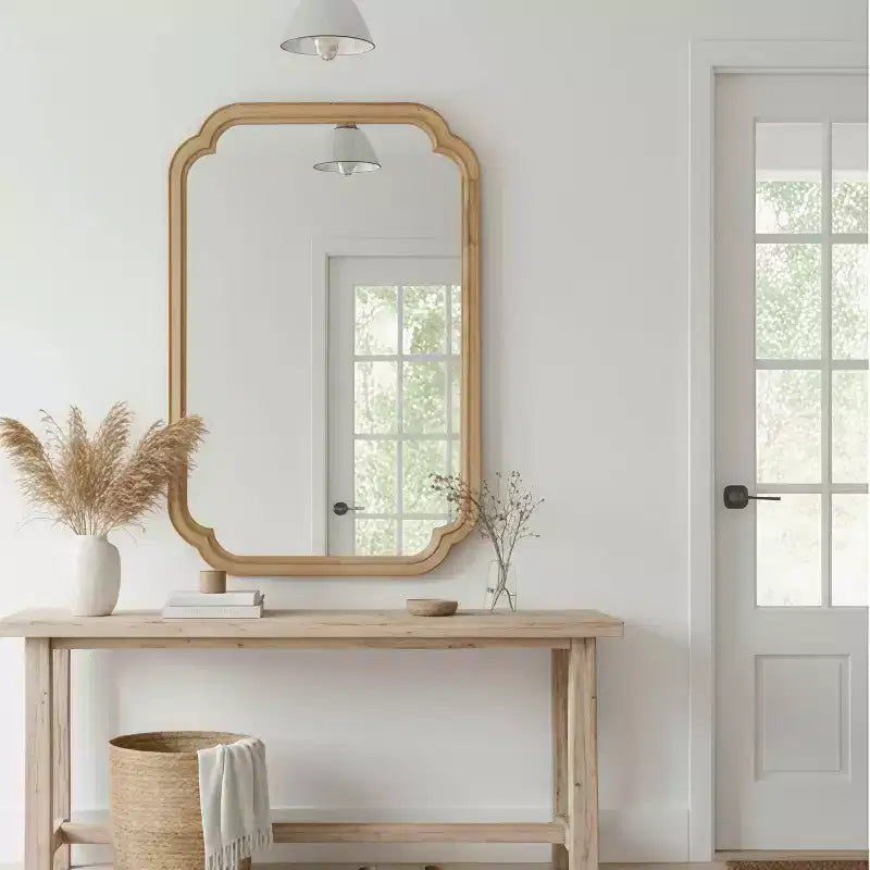 MAYEERTY 20 x 30 Solid Wood Frame Rounded Corner Decorative Mirror for Bedroom Bathroom Living Room Natural Wood