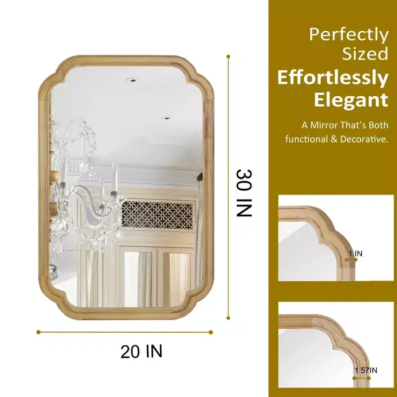 MAYEERTY 20 x 30 Solid Wood Frame Rounded Corner Decorative Mirror for Bedroom Bathroom Living Room Natural Wood