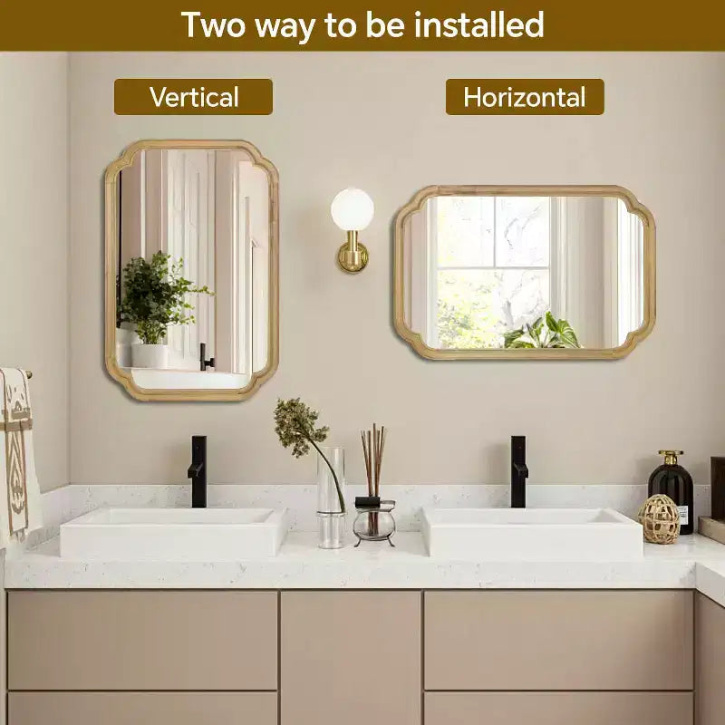 MAYEERTY 20 x 30 Solid Wood Frame Rounded Corner Decorative Mirror for Bedroom Bathroom Living Room Natural Wood