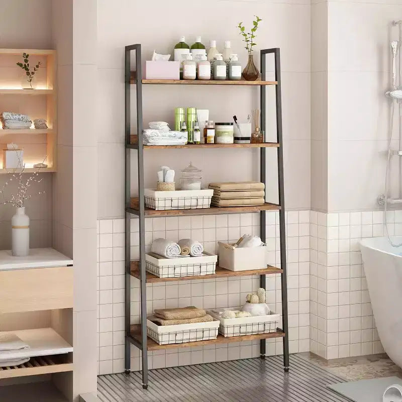 GustoWave 5 Tier Free Standing Storage Shelf Rack for Office, Living Room, Bedroom, Rustic Brown