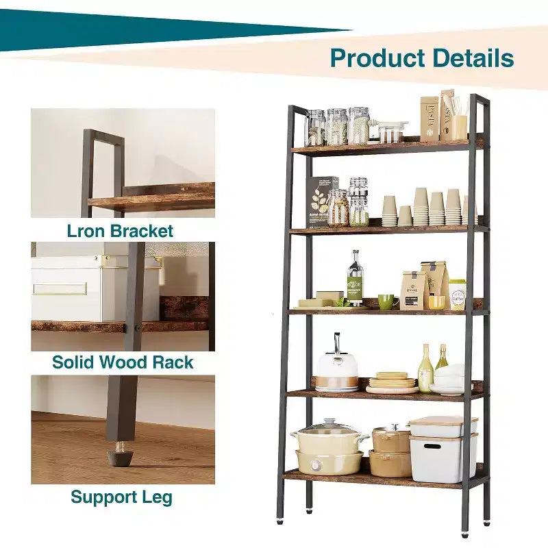 GustoWave 5 Tier Free Standing Storage Shelf Rack for Office, Living Room, Bedroom, Rustic Brown