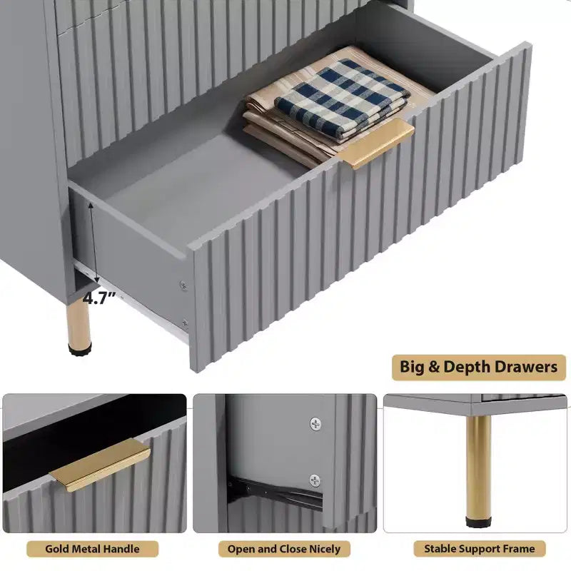 Fluted Drawer Storage Dresser, Chest with Ample Deep Drawers and Wide Top, Dresser for Bedroom