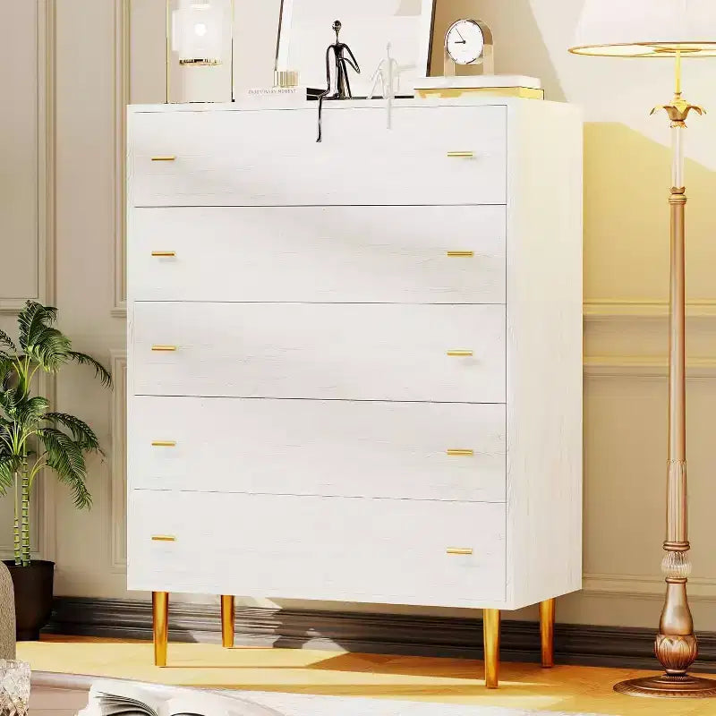 44 Farmhouse 5-Drawer Dresser - Rustic Wood Chest with Large Drawers & Metal Handles for Bedroom/Living Room (Antique White)