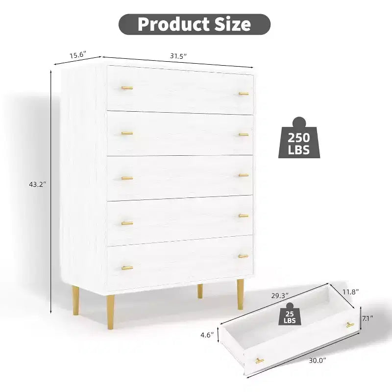 44 Farmhouse 5-Drawer Dresser - Rustic Wood Chest with Large Drawers & Metal Handles for Bedroom/Living Room (Antique White)
