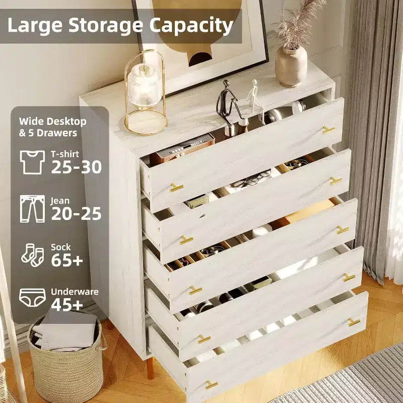 44 Farmhouse 5-Drawer Dresser - Rustic Wood Chest with Large Drawers & Metal Handles for Bedroom/Living Room (Antique White)