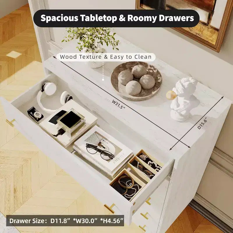 44 Farmhouse 5-Drawer Dresser - Rustic Wood Chest with Large Drawers & Metal Handles for Bedroom/Living Room (Antique White)