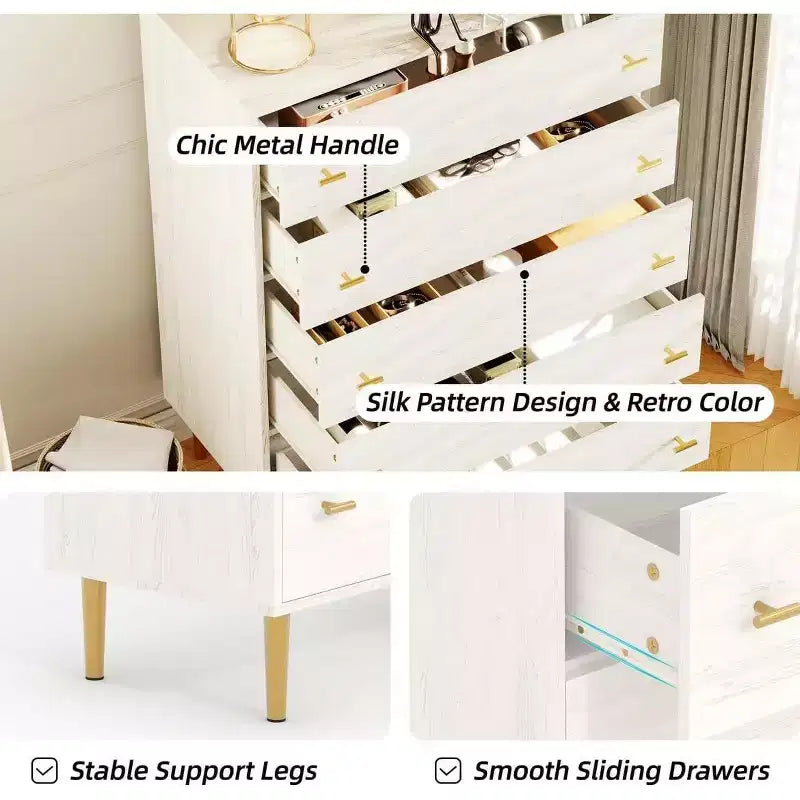 44 Farmhouse 5-Drawer Dresser - Rustic Wood Chest with Large Drawers & Metal Handles for Bedroom/Living Room (Antique White)
