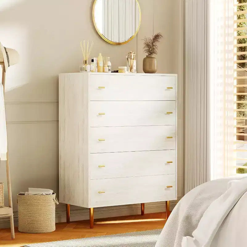 44 Farmhouse 5-Drawer Dresser - Rustic Wood Chest with Large Drawers & Metal Handles for Bedroom/Living Room (Antique White)