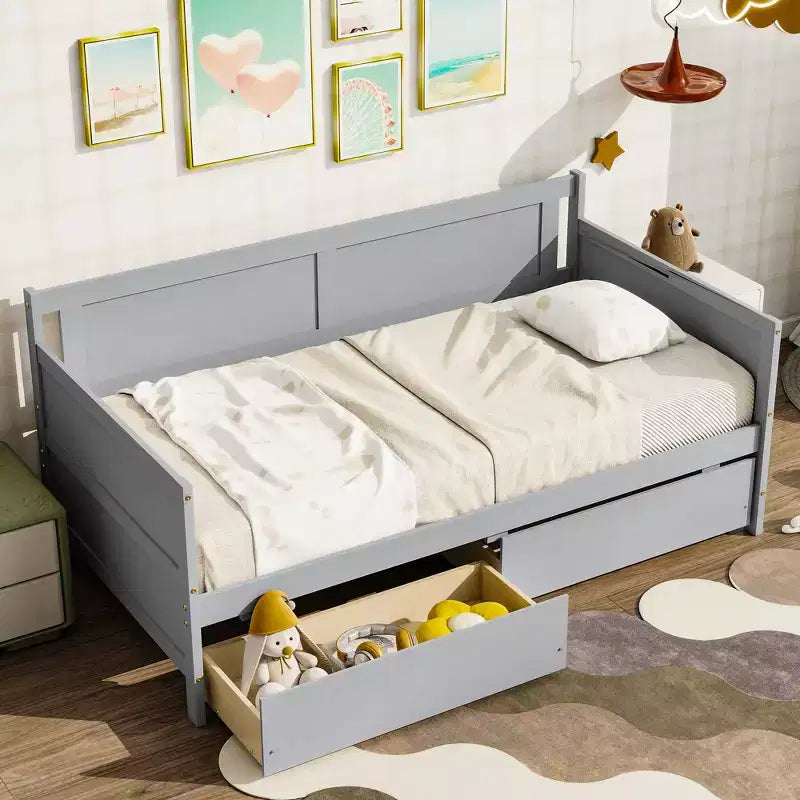 MATEERTY Twin Size Pine Wood with Storage Drawers Gray