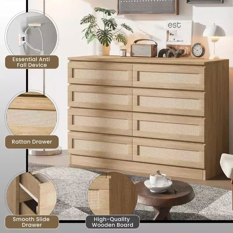TROPOW Rattan Dresser for Bedroom, Modern 8 Drawer Wooden Dresser Chest, Wide Wood Beside Table for Closet, Nursery, Living Room and Entryway