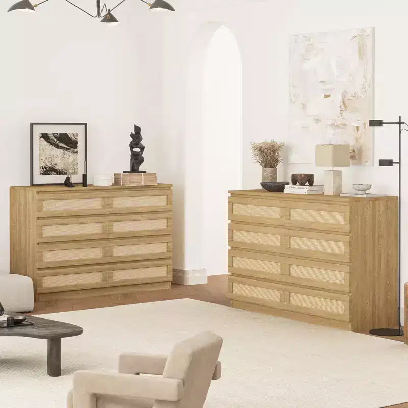 TROPOW Rattan Dresser for Bedroom, Modern 8 Drawer Wooden Dresser Chest, Wide Wood Beside Table for Closet, Nursery, Living Room and Entryway