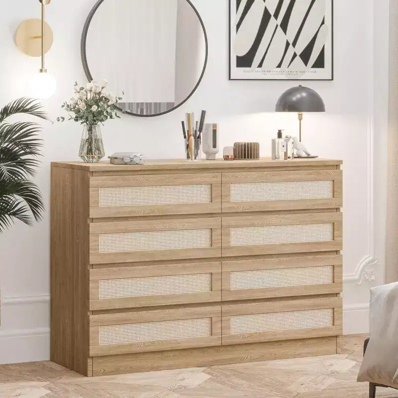 TROPOW Rattan Dresser for Bedroom, Modern 8 Drawer Wooden Dresser Chest, Wide Wood Beside Table for Closet, Nursery, Living Room and Entryway
