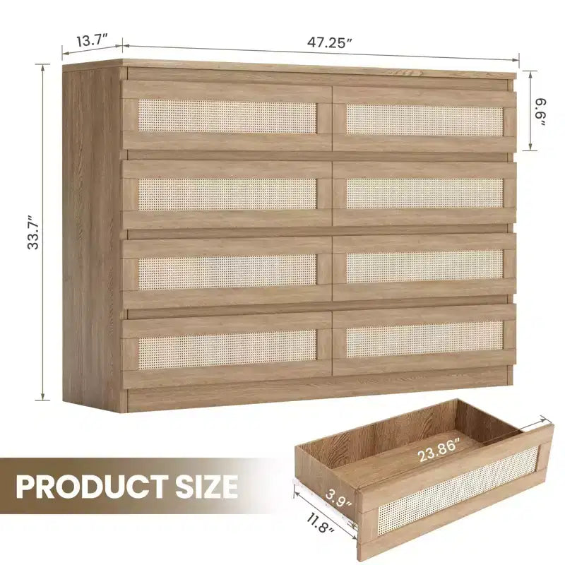 TROPOW Rattan Dresser for Bedroom, Modern 8 Drawer Wooden Dresser Chest, Wide Wood Beside Table for Closet, Nursery, Living Room and Entryway