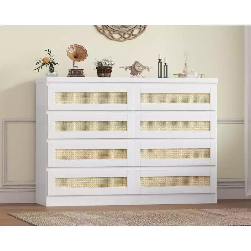 TROPOW Rattan Dresser for Bedroom, Modern 8 Drawer Wooden Dresser Chest, Wide Wood Beside Table for Closet, Nursery, Living Room and Entryway