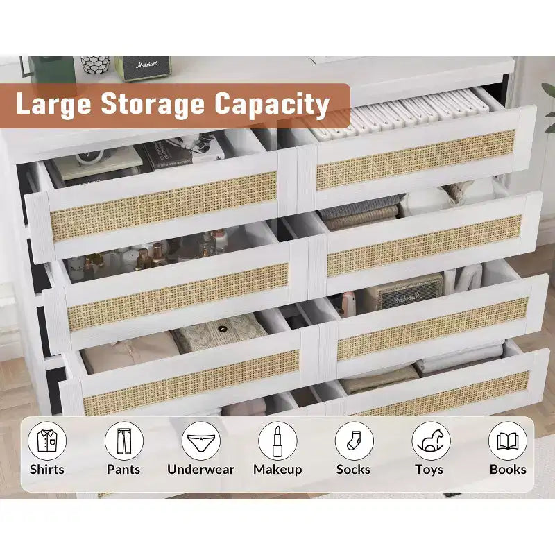 TROPOW Rattan Dresser for Bedroom, Modern 8 Drawer Wooden Dresser Chest, Wide Wood Beside Table for Closet, Nursery, Living Room and Entryway