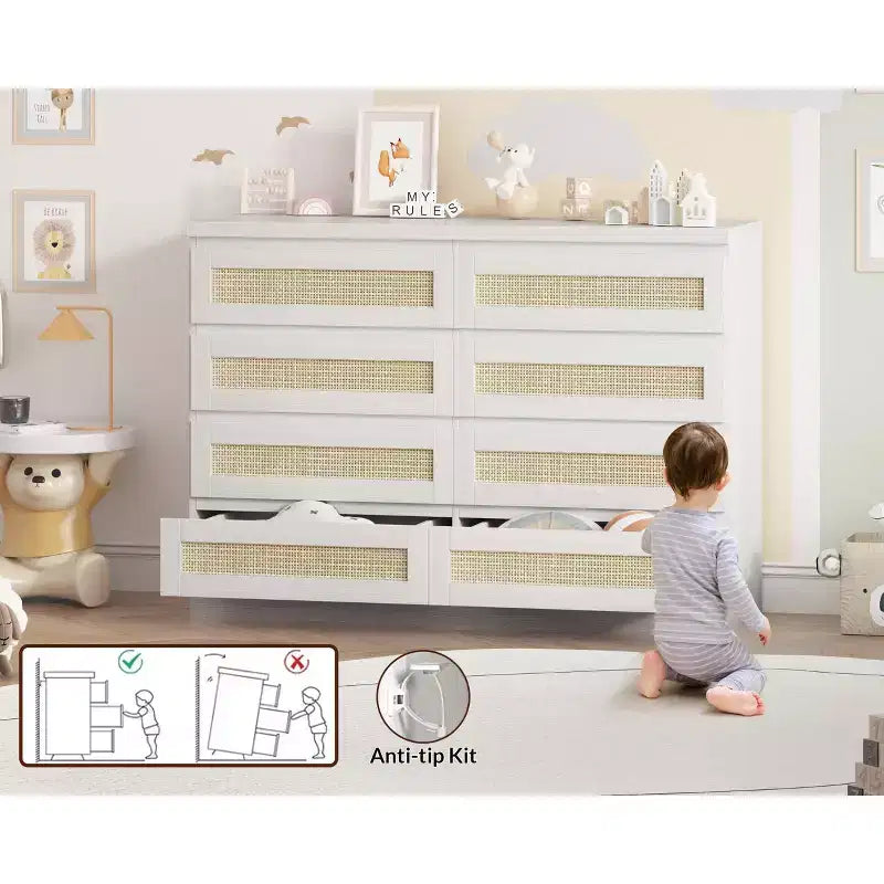 TROPOW Rattan Dresser for Bedroom, Modern 8 Drawer Wooden Dresser Chest, Wide Wood Beside Table for Closet, Nursery, Living Room and Entryway