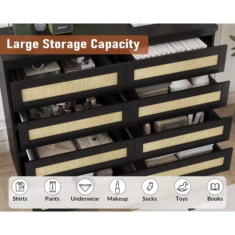 TROPOW Rattan Dresser for Bedroom, Modern 8 Drawer Wooden Dresser Chest, Wide Wood Beside Table for Closet, Nursery, Living Room and Entryway