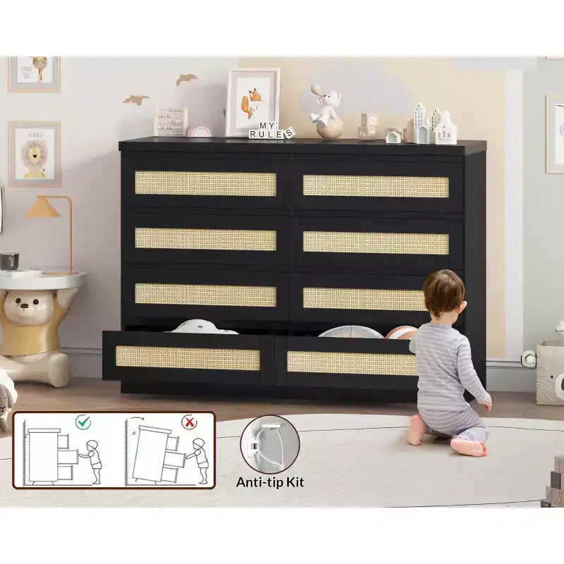 TROPOW Rattan Dresser for Bedroom, Modern 8 Drawer Wooden Dresser Chest, Wide Wood Beside Table for Closet, Nursery, Living Room and Entryway