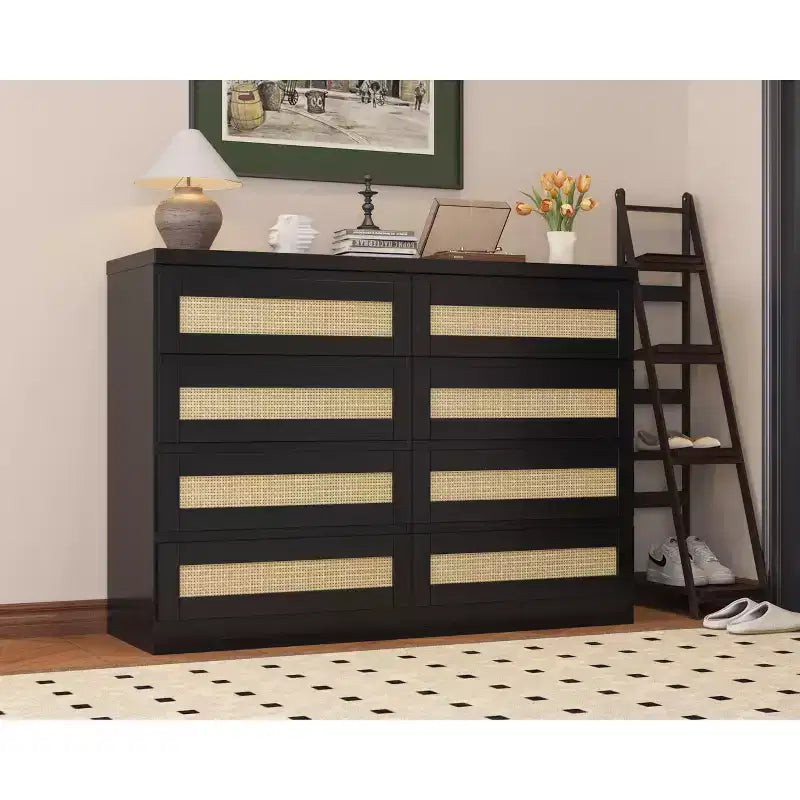 TROPOW Rattan Dresser for Bedroom, Modern 8 Drawer Wooden Dresser Chest, Wide Wood Beside Table for Closet, Nursery, Living Room and Entryway