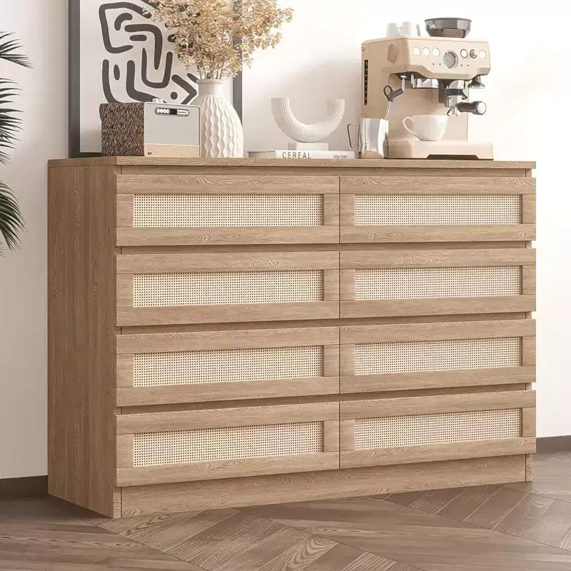 TROPOW Rattan Dresser for Bedroom, Modern 8 Drawer Wooden Dresser Chest, Wide Wood Beside Table for Closet, Nursery, Living Room and Entryway