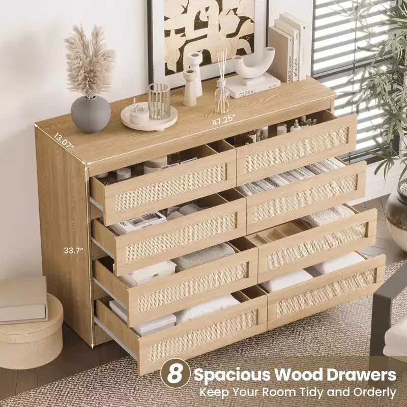 TROPOW Rattan Dresser for Bedroom, Modern 8 Drawer Wooden Dresser Chest, Wide Wood Beside Table for Closet, Nursery, Living Room and Entryway