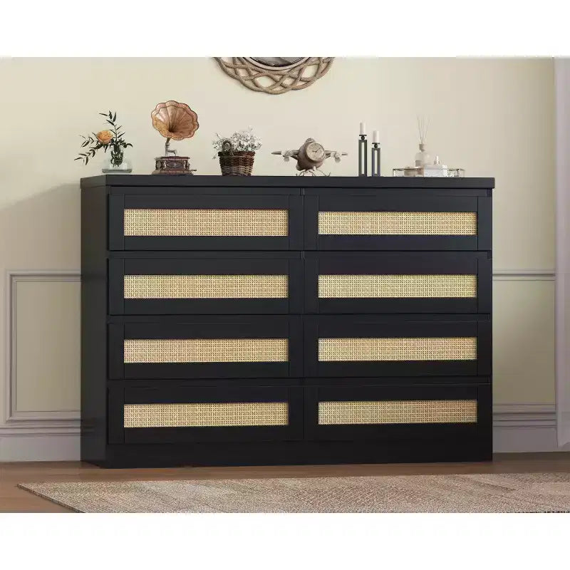 TROPOW Rattan Dresser for Bedroom, Modern 8 Drawer Wooden Dresser Chest, Wide Wood Beside Table for Closet, Nursery, Living Room and Entryway