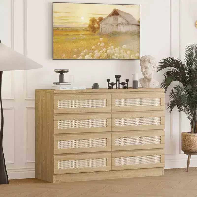TROPOW Rattan Dresser for Bedroom, Modern 8 Drawer Wooden Dresser Chest, Wide Wood Beside Table for Closet, Nursery, Living Room and Entryway