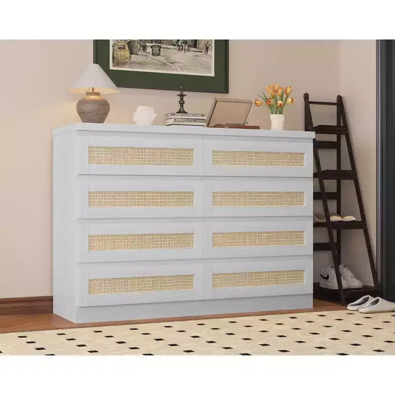 TROPOW Rattan Dresser for Bedroom, Modern 8 Drawer Wooden Dresser Chest, Wide Wood Beside Table for Closet, Nursery, Living Room and Entryway