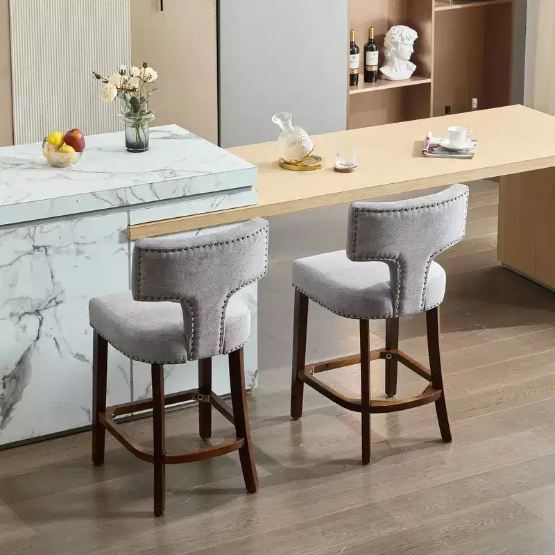 Okak Modern Counter Bar Stools Height Dining Chairs Set of 2, Curved Linen Upholstered Back with Copper Nailheads & Solid Hardwood Frame