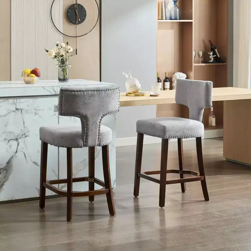 Okak Modern Counter Bar Stools Height Dining Chairs Set of 2, Curved Linen Upholstered Back with Copper Nailheads & Solid Hardwood Frame