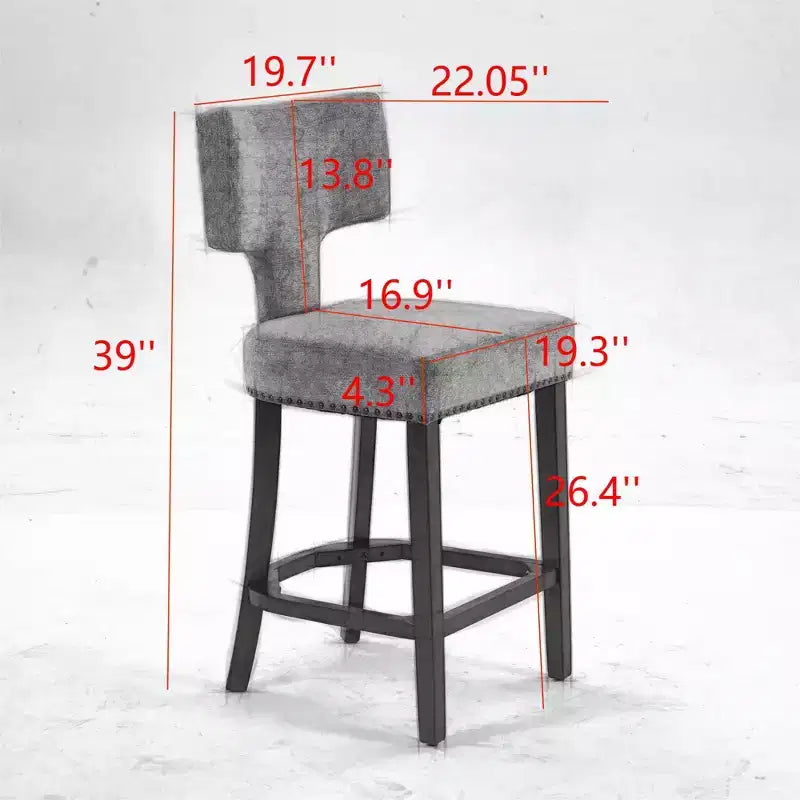 Okak Modern Counter Bar Stools Height Dining Chairs Set of 2, Curved Linen Upholstered Back with Copper Nailheads & Solid Hardwood Frame
