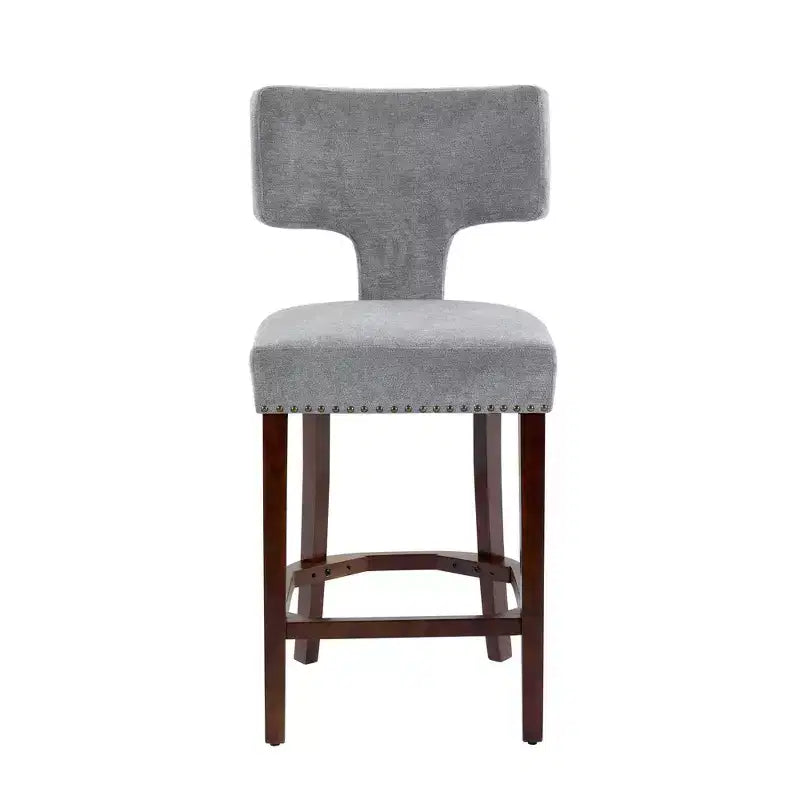 Okak Modern Counter Bar Stools Height Dining Chairs Set of 2, Curved Linen Upholstered Back with Copper Nailheads & Solid Hardwood Frame