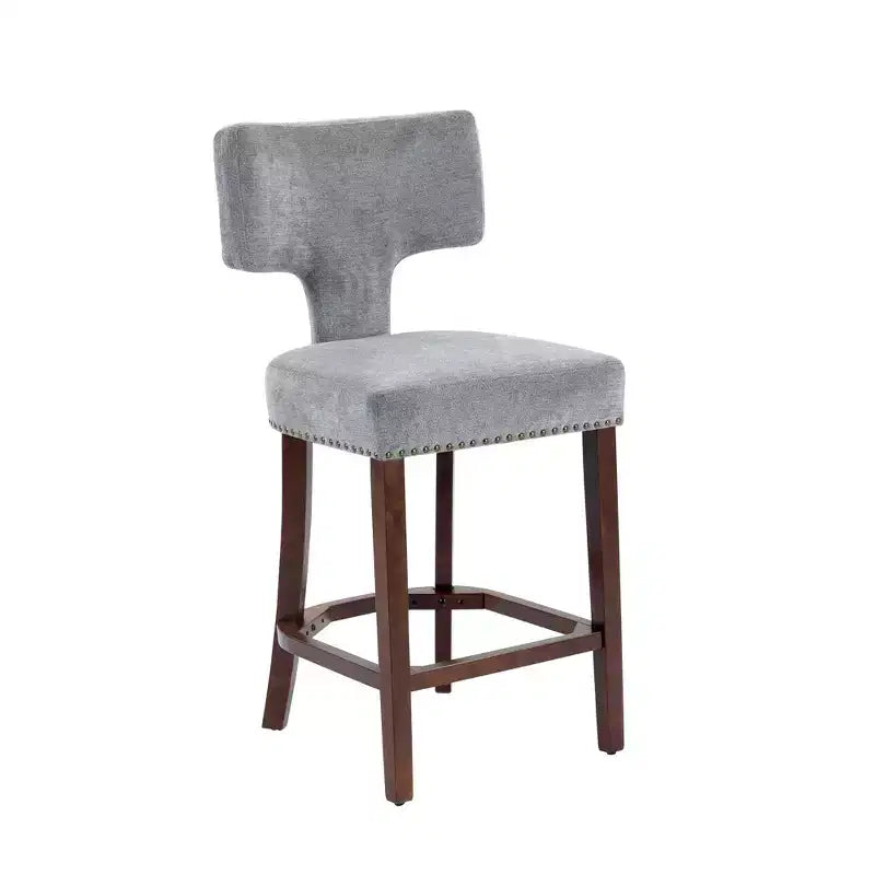Okak Modern Counter Bar Stools Height Dining Chairs Set of 2, Curved Linen Upholstered Back with Copper Nailheads & Solid Hardwood Frame