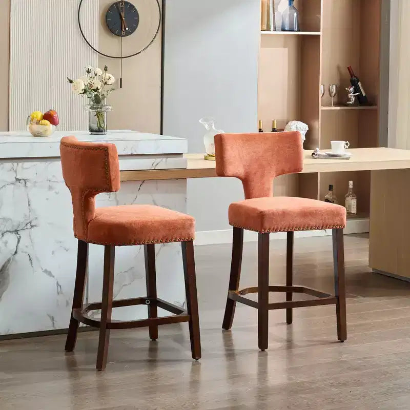 Okak Modern Counter Bar Stools Height Dining Chairs Set of 2, Curved Linen Upholstered Back with Copper Nailheads & Solid Hardwood Frame