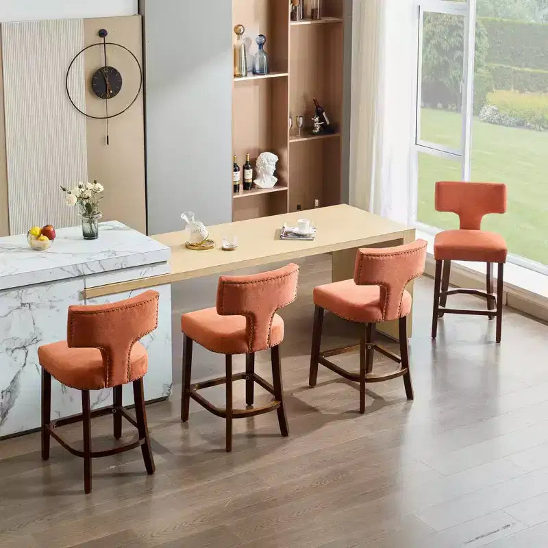 Okak Modern Counter Bar Stools Height Dining Chairs Set of 2, Curved Linen Upholstered Back with Copper Nailheads & Solid Hardwood Frame