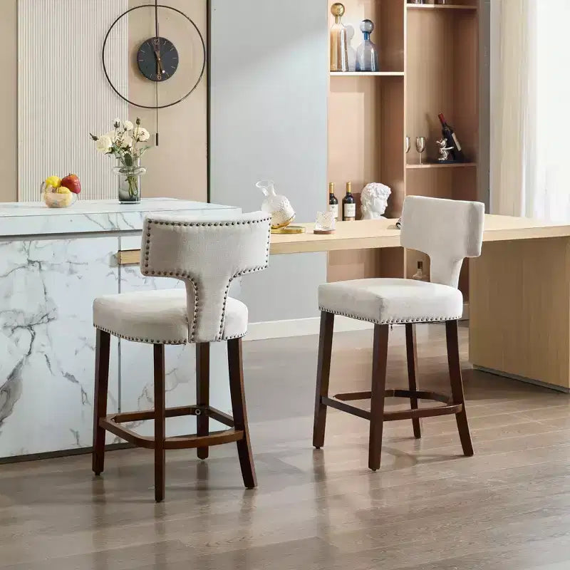 Okak Modern Counter Bar Stools Height Dining Chairs Set of 2, Curved Linen Upholstered Back with Copper Nailheads & Solid Hardwood Frame