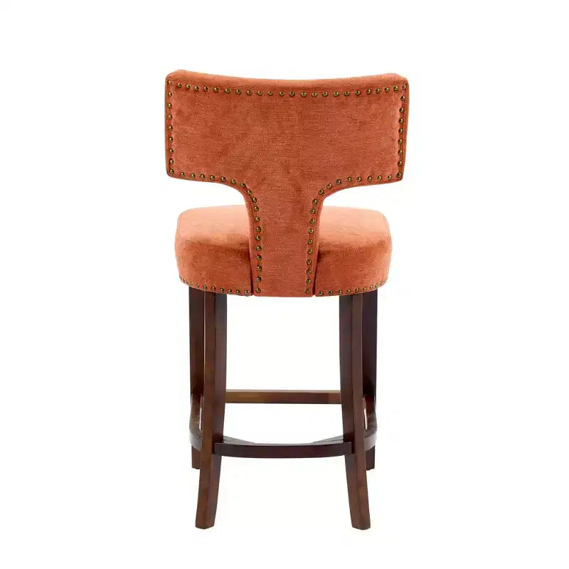 Okak Modern Counter Bar Stools Height Dining Chairs Set of 2, Curved Linen Upholstered Back with Copper Nailheads & Solid Hardwood Frame
