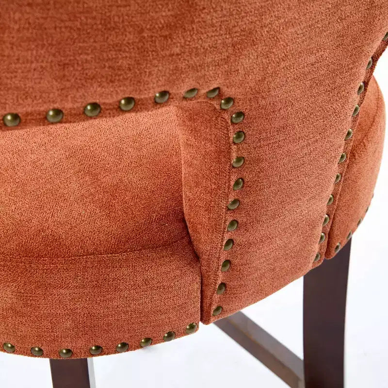 Okak Modern Counter Bar Stools Height Dining Chairs Set of 2, Curved Linen Upholstered Back with Copper Nailheads & Solid Hardwood Frame