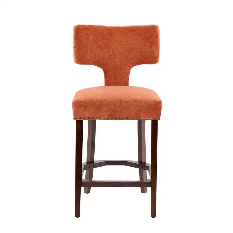 Okak Modern Counter Bar Stools Height Dining Chairs Set of 2, Curved Linen Upholstered Back with Copper Nailheads & Solid Hardwood Frame