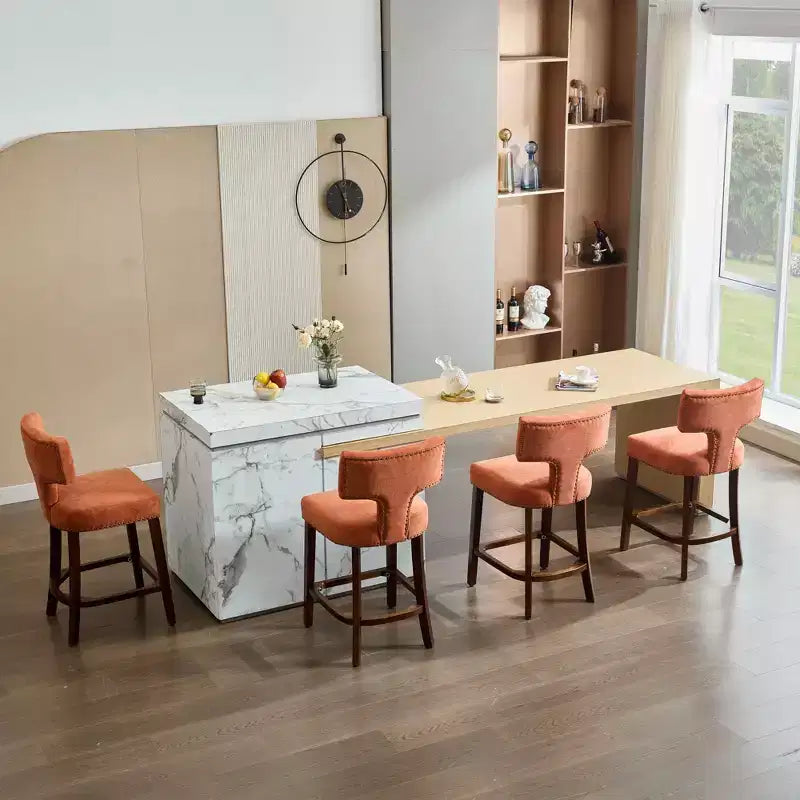 Okak Modern Counter Bar Stools Height Dining Chairs Set of 2, Curved Linen Upholstered Back with Copper Nailheads & Solid Hardwood Frame