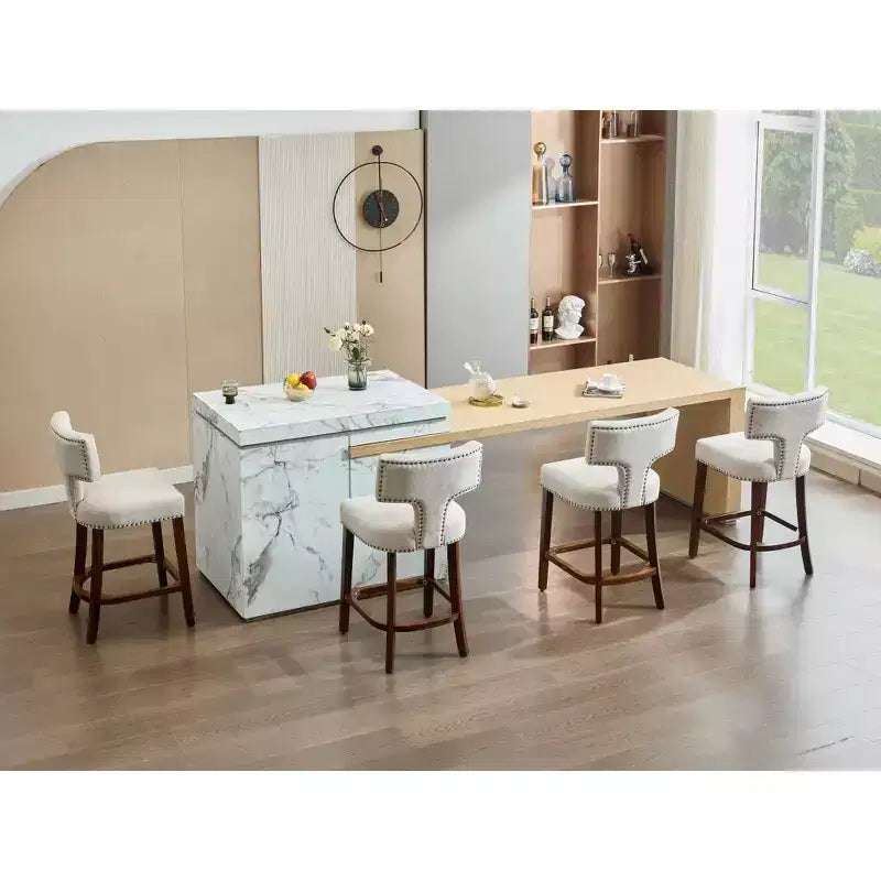 Okak Modern Counter Bar Stools Height Dining Chairs Set of 2, Curved Linen Upholstered Back with Copper Nailheads & Solid Hardwood Frame