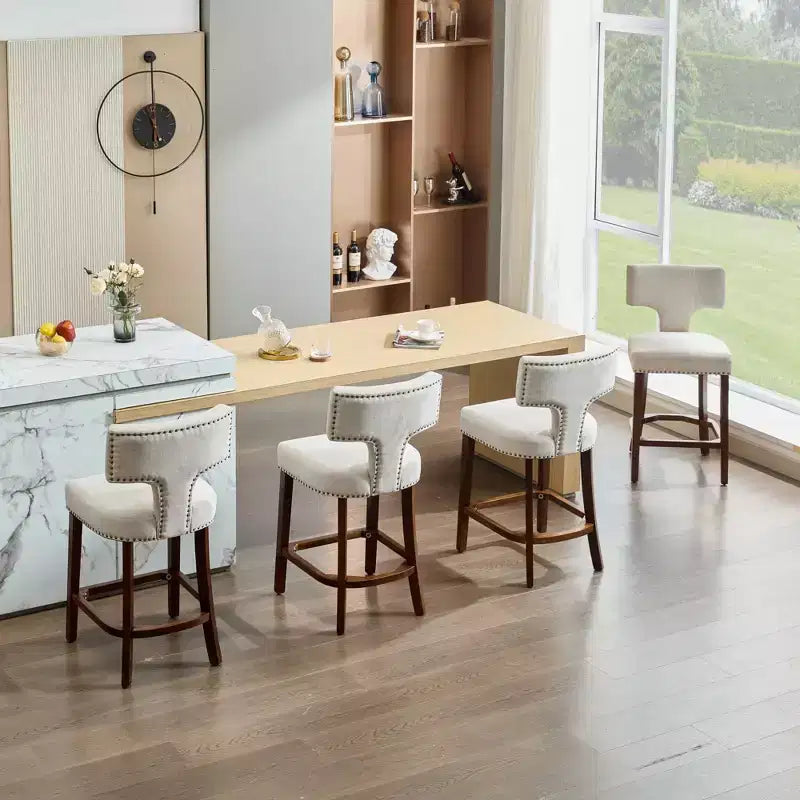 Okak Modern Counter Bar Stools Height Dining Chairs Set of 2, Curved Linen Upholstered Back with Copper Nailheads & Solid Hardwood Frame