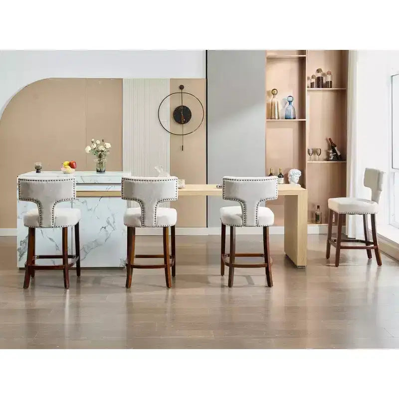 Okak Modern Counter Bar Stools Height Dining Chairs Set of 2, Curved Linen Upholstered Back with Copper Nailheads & Solid Hardwood Frame