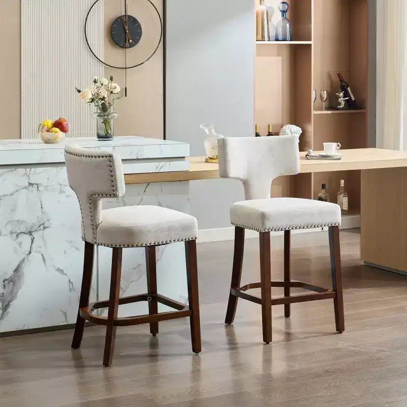 Okak Modern Counter Bar Stools Height Dining Chairs Set of 2, Curved Linen Upholstered Back with Copper Nailheads & Solid Hardwood Frame