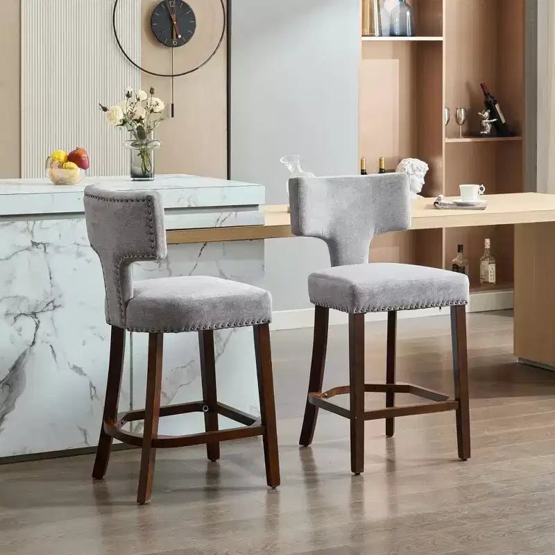 Okak Modern Counter Bar Stools Height Dining Chairs Set of 2, Curved Linen Upholstered Back with Copper Nailheads & Solid Hardwood Frame
