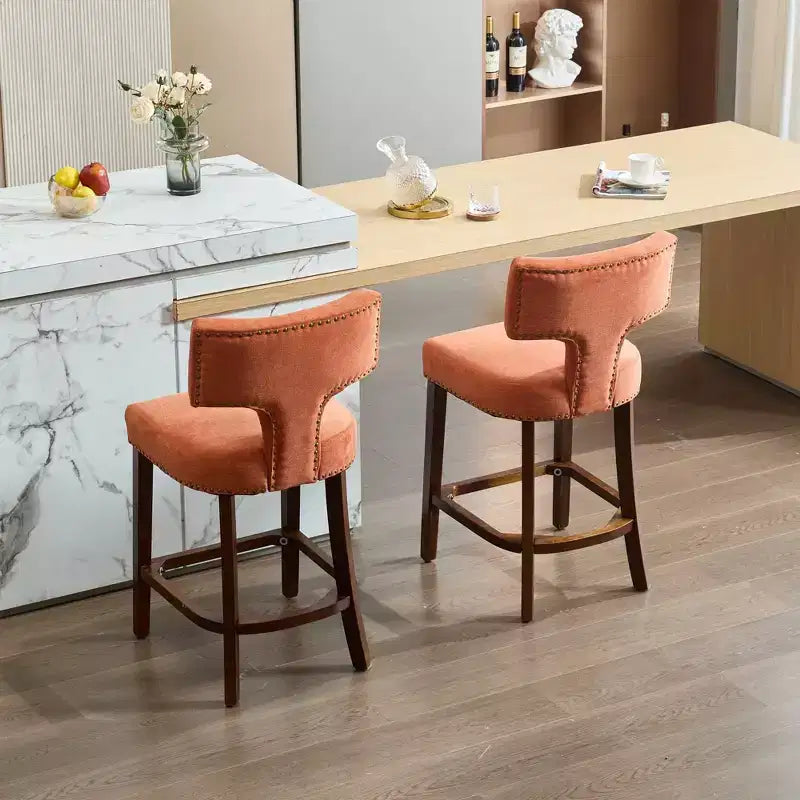 Okak Modern Counter Bar Stools Height Dining Chairs Set of 2, Curved Linen Upholstered Back with Copper Nailheads & Solid Hardwood Frame