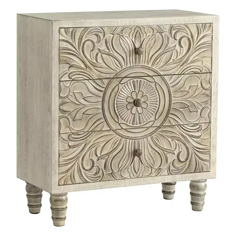 COZAYH 3-Drawer Bedroom Dresser with Carved Floral Front, Distressed Weathered White Finish Rustic, Boho, French Country, Farmhouse Nightstand